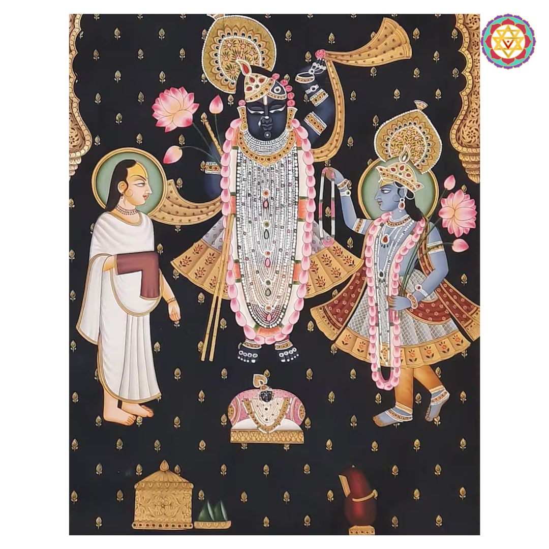 close-up of shrinathji jharokha pichwai showing ornate detailing