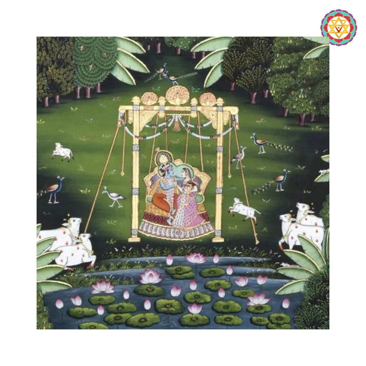 large handpainted pichwai krishna radha on swing in forest close-up of Krishna Radha figures and detailed forest background