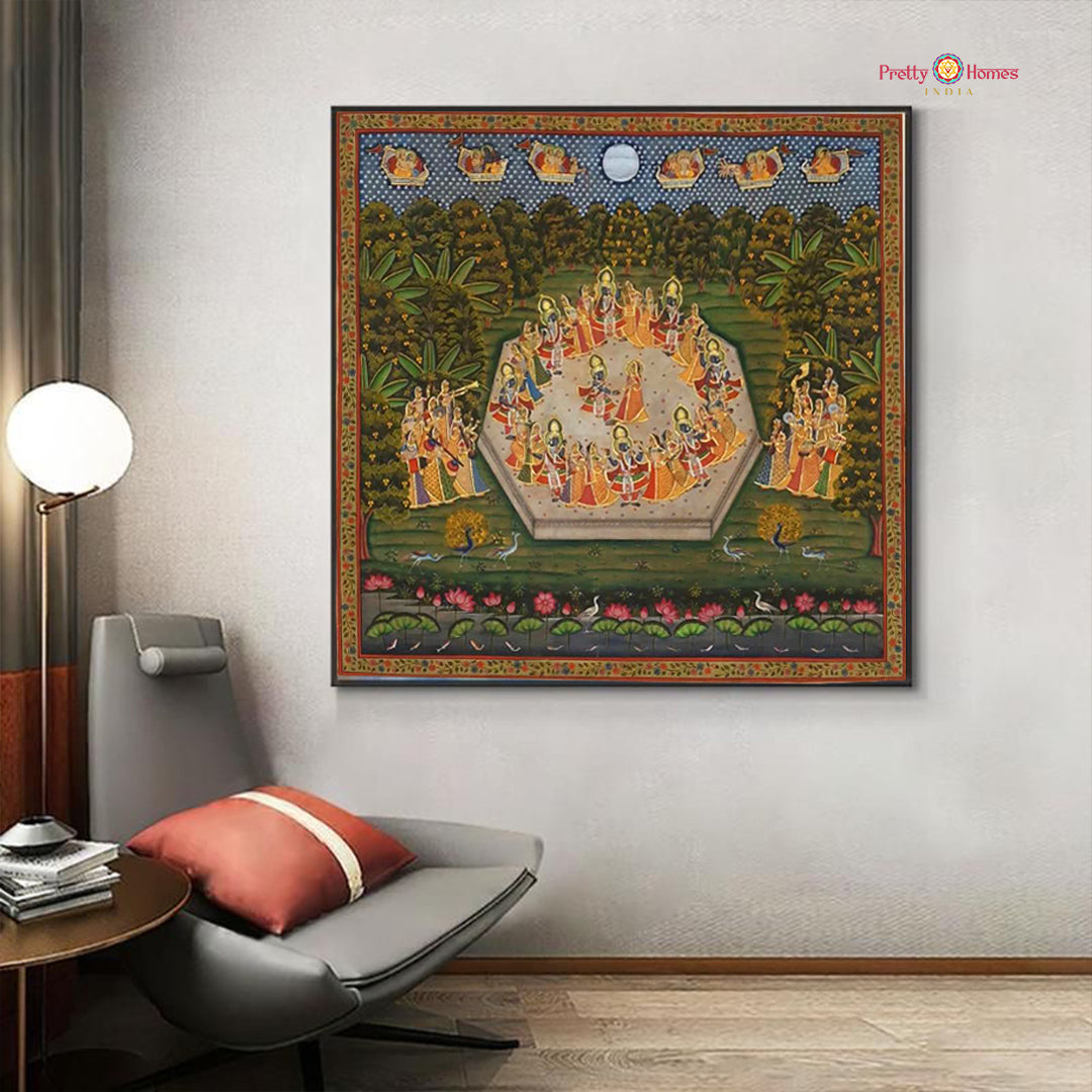 Hand-painted antique pichwai of Raas Leela with Radha, Krishna, and Gopis.