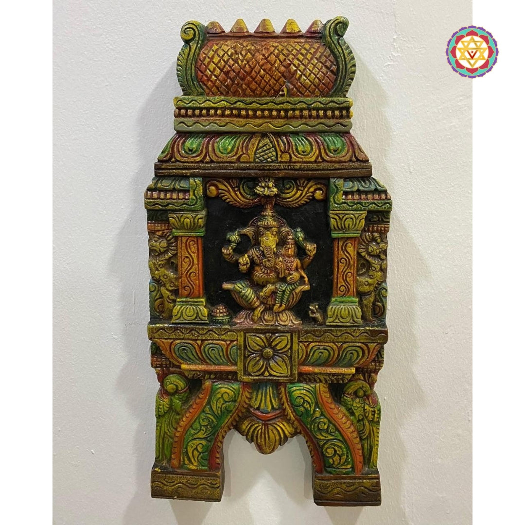 Woodcarved Ganesha and Laxmi Kavadi Panel.Temple Gopuram style wall hanging