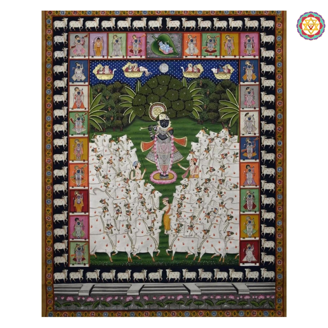 Detailed view of Gopashtami Pichwai painting on cloth with shreenathji and pichwai cow elements in full symmetry.