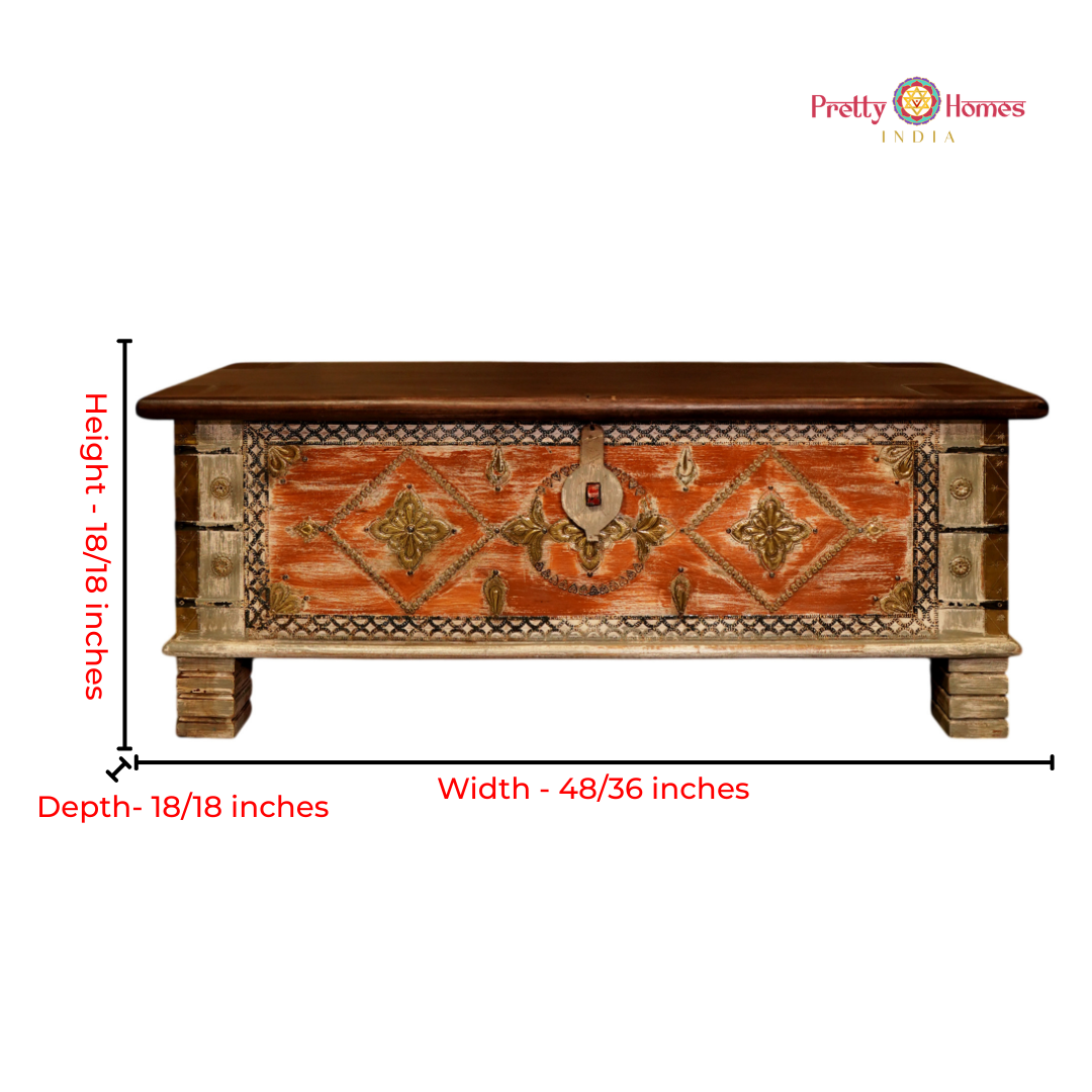 Rustic Red Wood-Carved Storage Trunk / Coffee Table with Brass Work