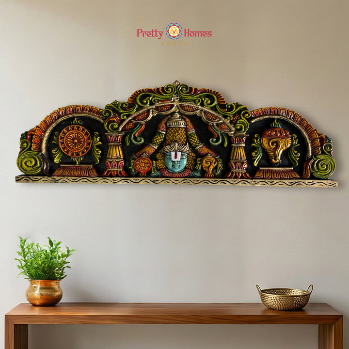 Hand carved Balaji wood wall decor with shankh chakra panel