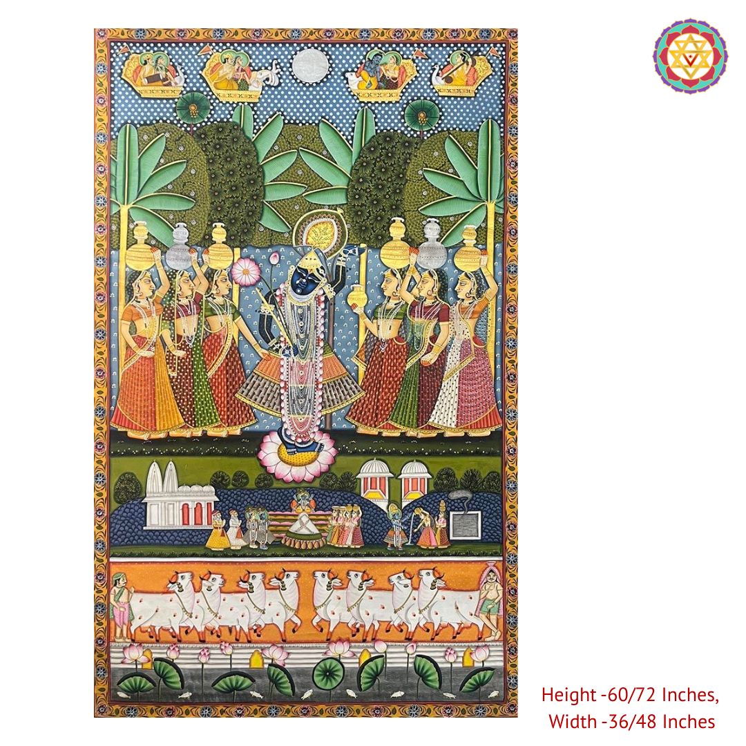 close-up highlighting krishna and gopikas with vintage detailing