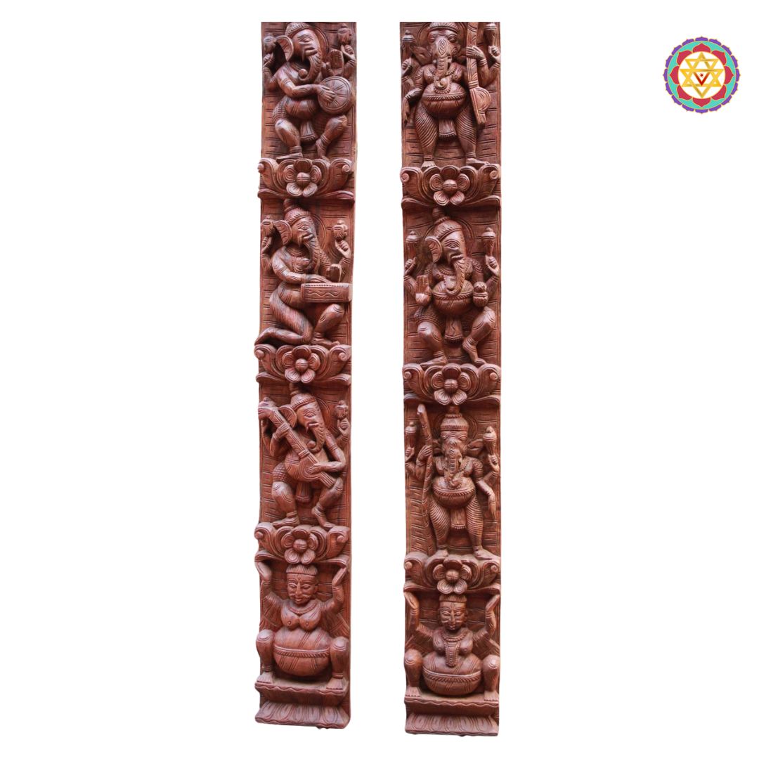Vertical wooden wall panel pair with musical Ganesha carving

