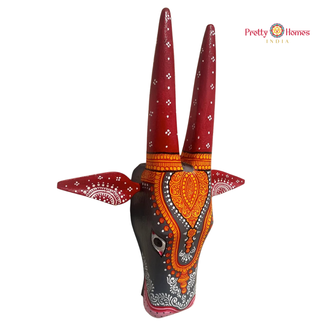 Orange & Red Hand-Painted Cow Head with Geometric Designs