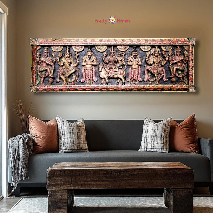 Vintage style One-of-a-Kind Horizontal Shiva Parvati Panel – Seated on Nandi with Divine Assembly
