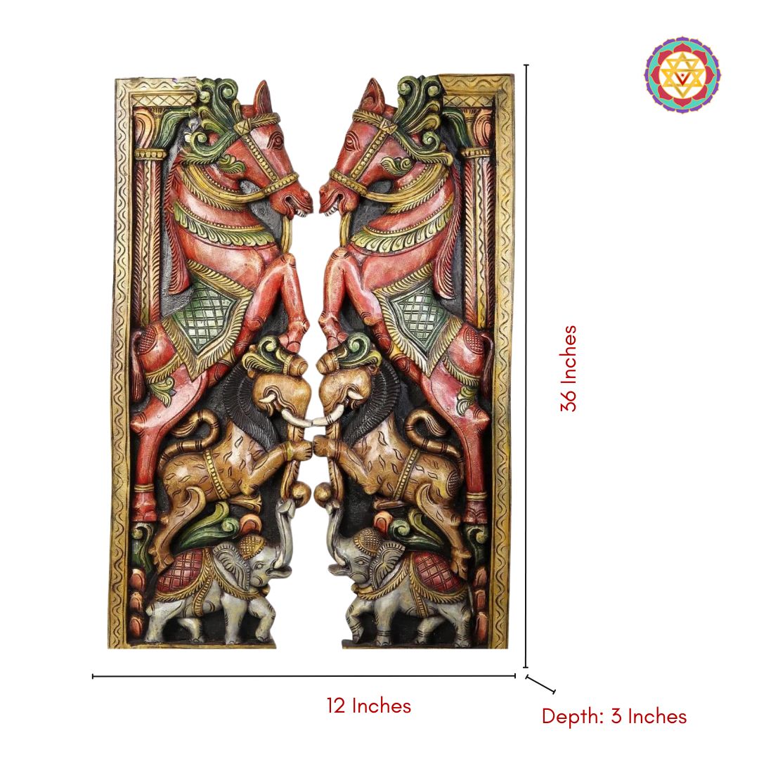 Full dimension view of horse yali bracket panel – 36x12 inches