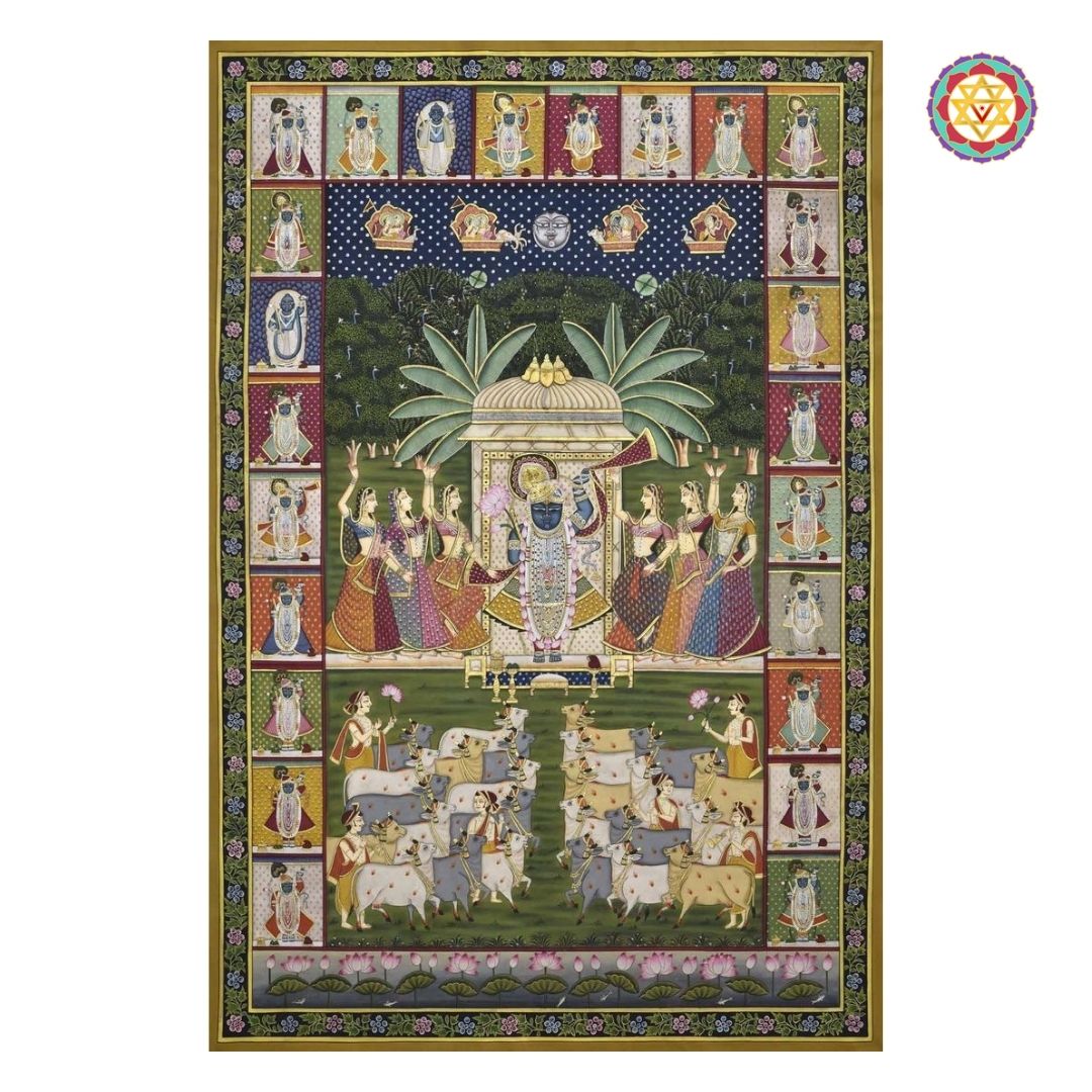 large blue shrinathji pichwai darshan close up of intricate artwork