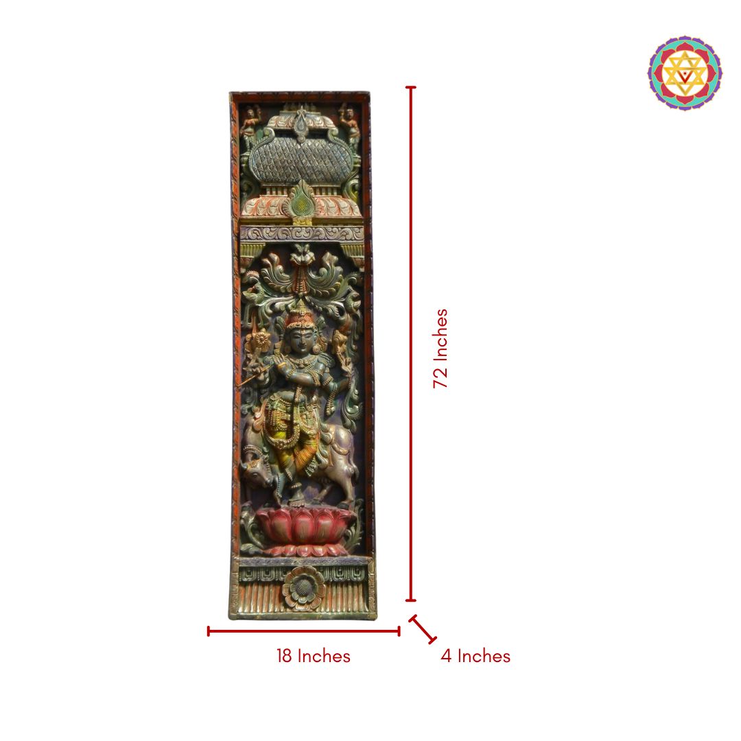 Decorative wall panel with measurements on a white . Dimension view of 72" × 18" vertical carved Krishna panel


