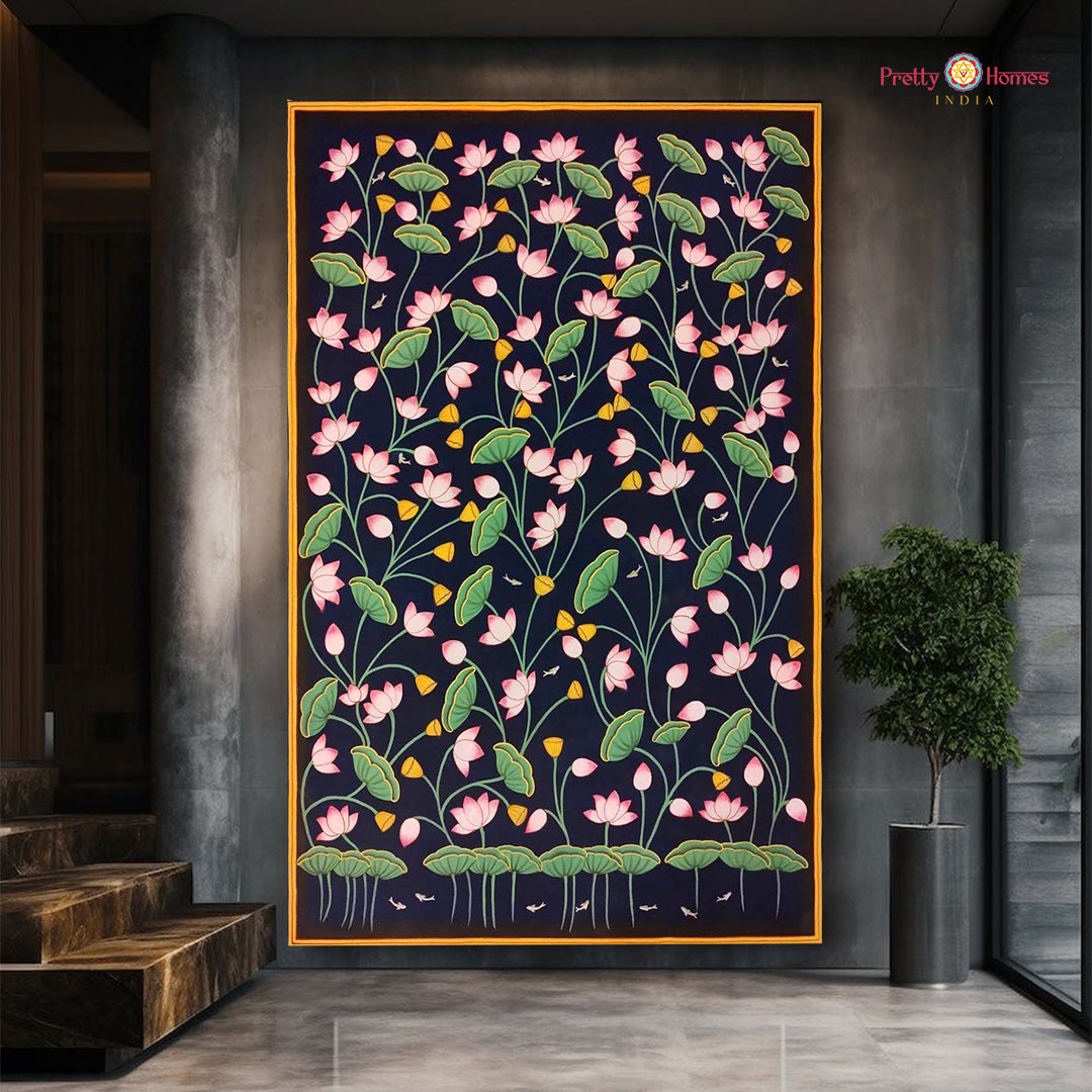 Vibrant Pichwai scene showing Krishna and devotees with elephants and lotus flowers symbolizing royalty