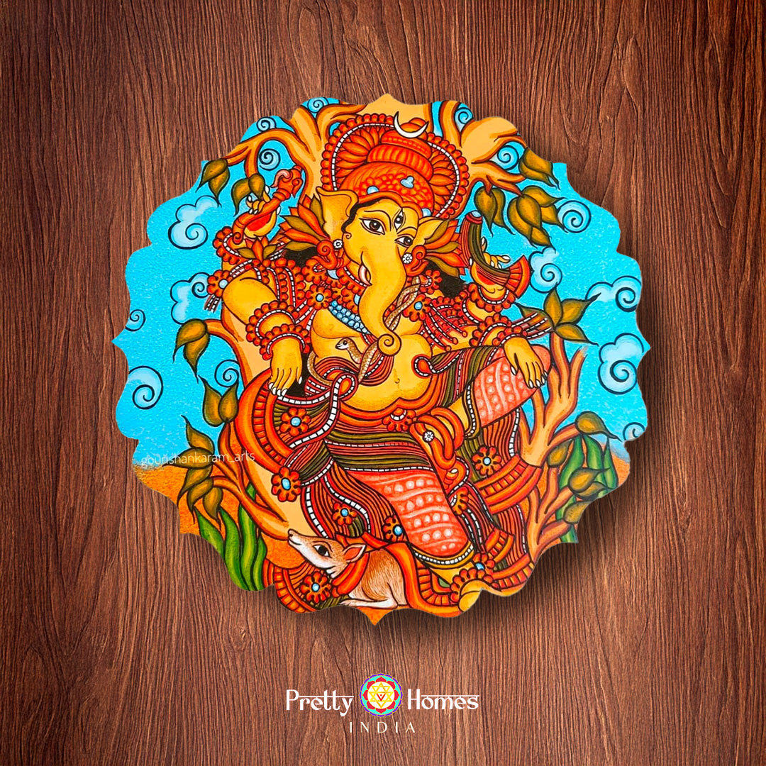 Petal-shaped Pattachitra wall plate hand-painted with Lord Ganesha design