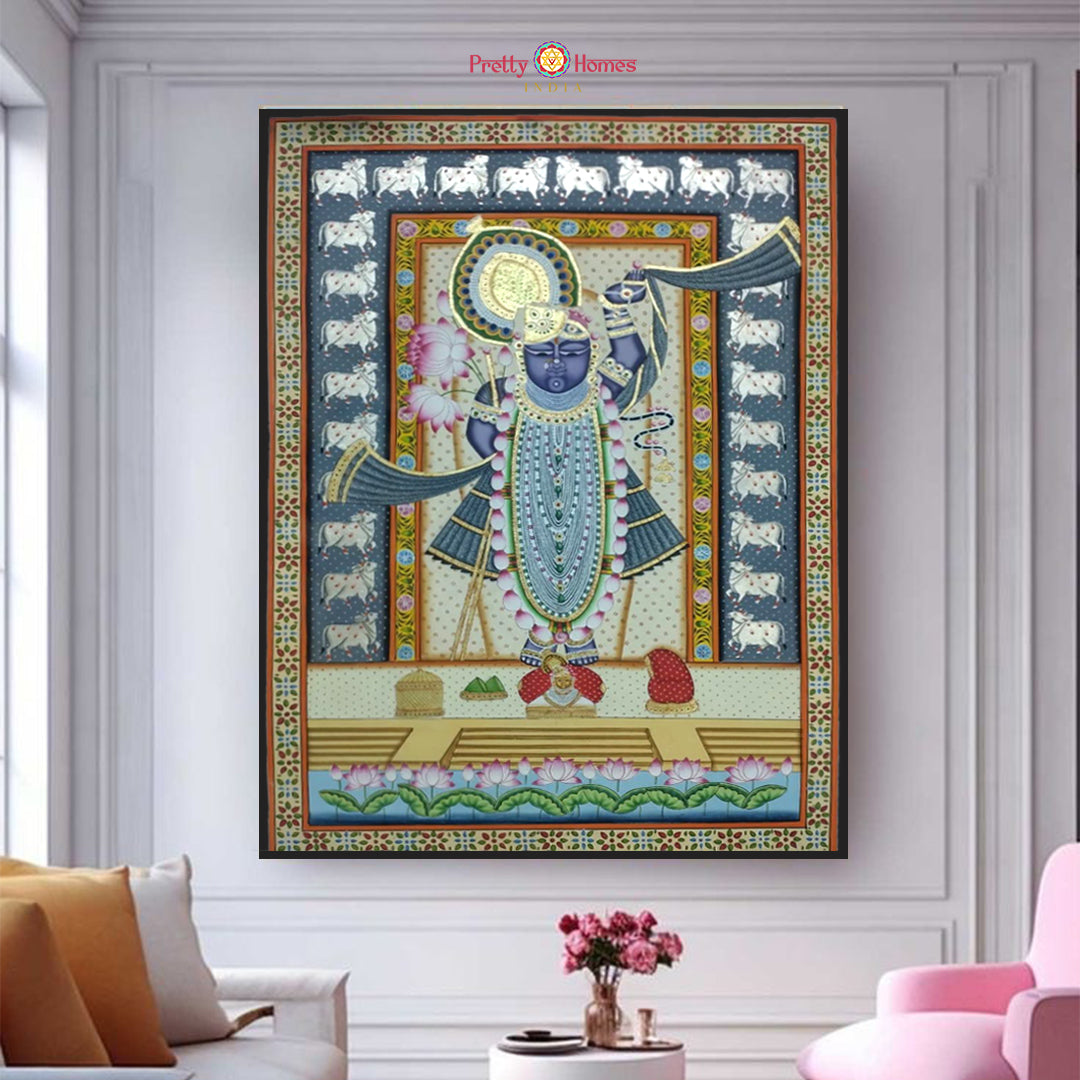 hand-painted Pichwai Shrinathji Darshan artwork with traditional motifs