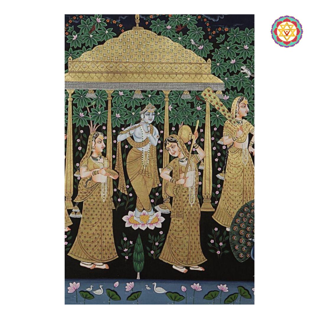 Hand-painted pichwai artwork featuring Krishna, Gopikas with musical instruments, peacocks, and lotuses.