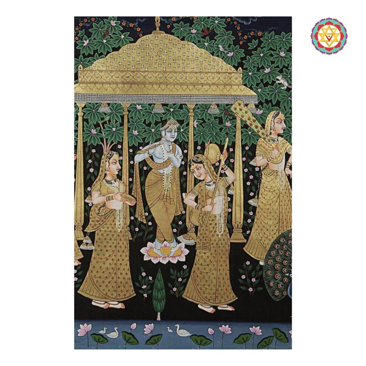 Hand-painted pichwai artwork featuring Krishna, Gopikas with musical instruments, peacocks, and lotuses.