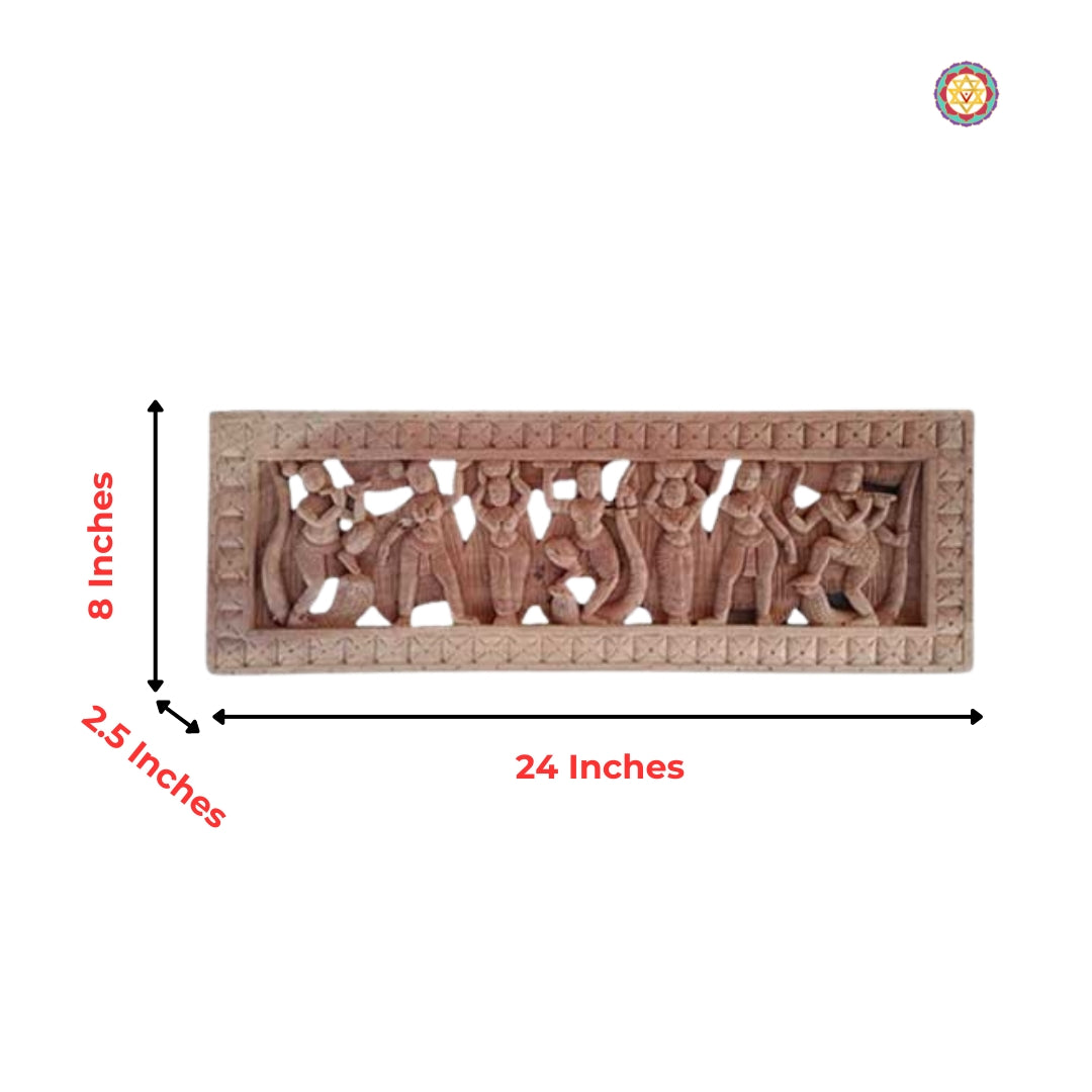Intricate antique wood carving of divine figures – perfect wall art for pooja room and living area.
