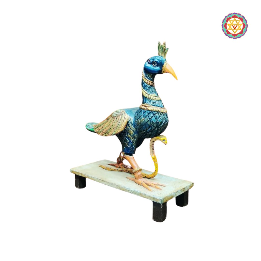 hand-carved wooden peacock sculpture in multicolour finish