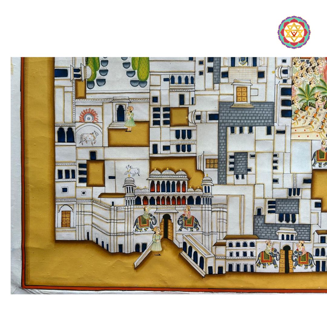 sectional view of pichwai showing temple windows and floral border artistry