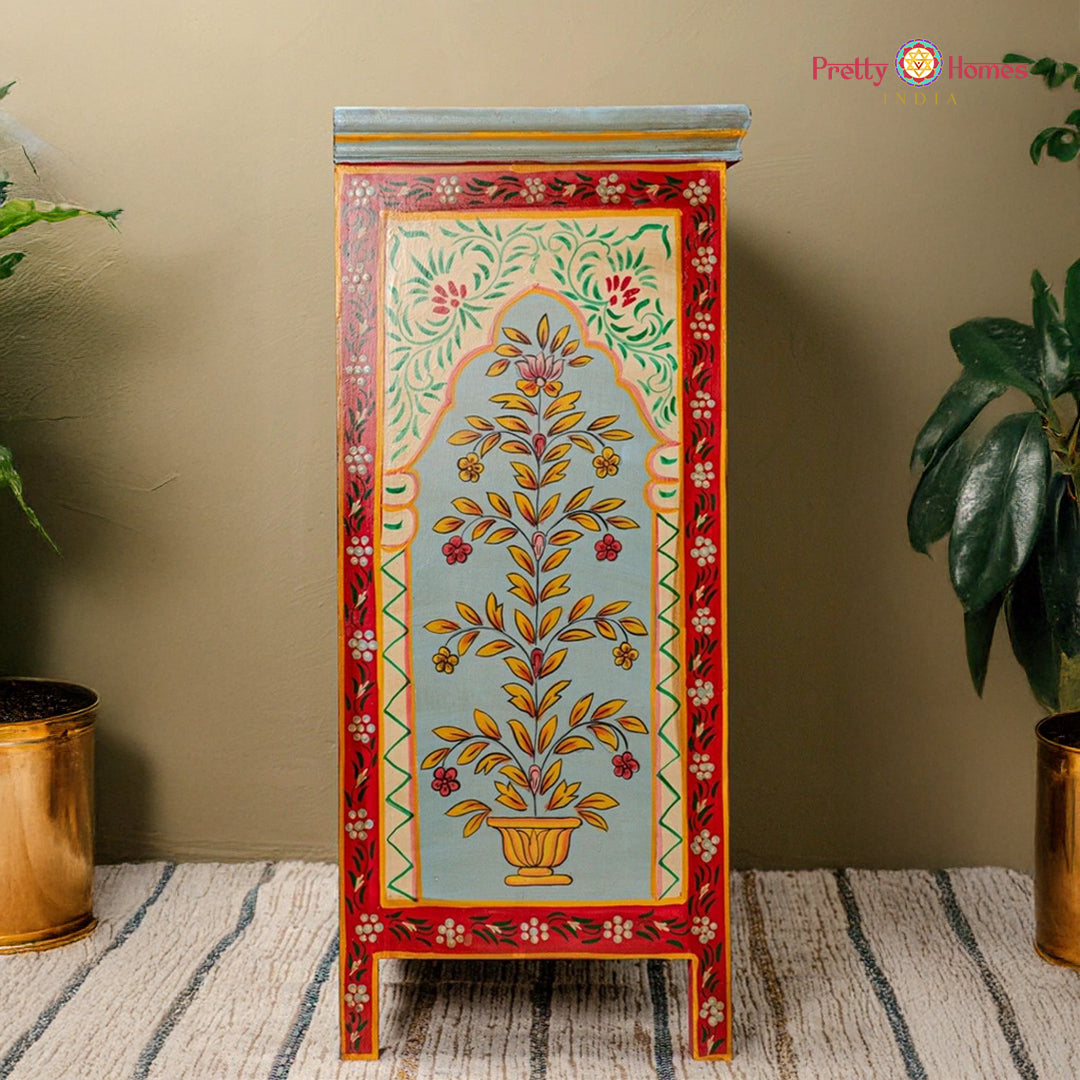 Side profile of the sideboard cabinet showing traditional painted detailing.