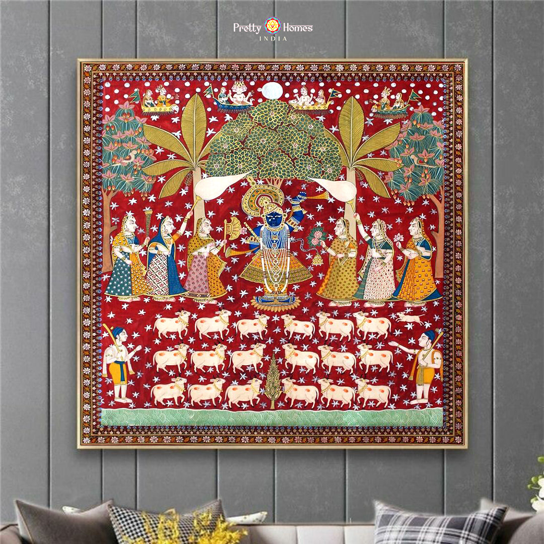 Shrinathji, Gopikas, cows, and tree – hand painted shrinathji pichwai painting.