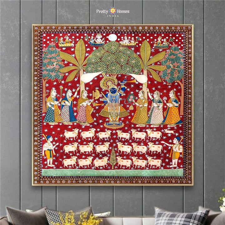 Shrinathji, Gopikas, cows, and tree – hand painted shrinathji pichwai painting.