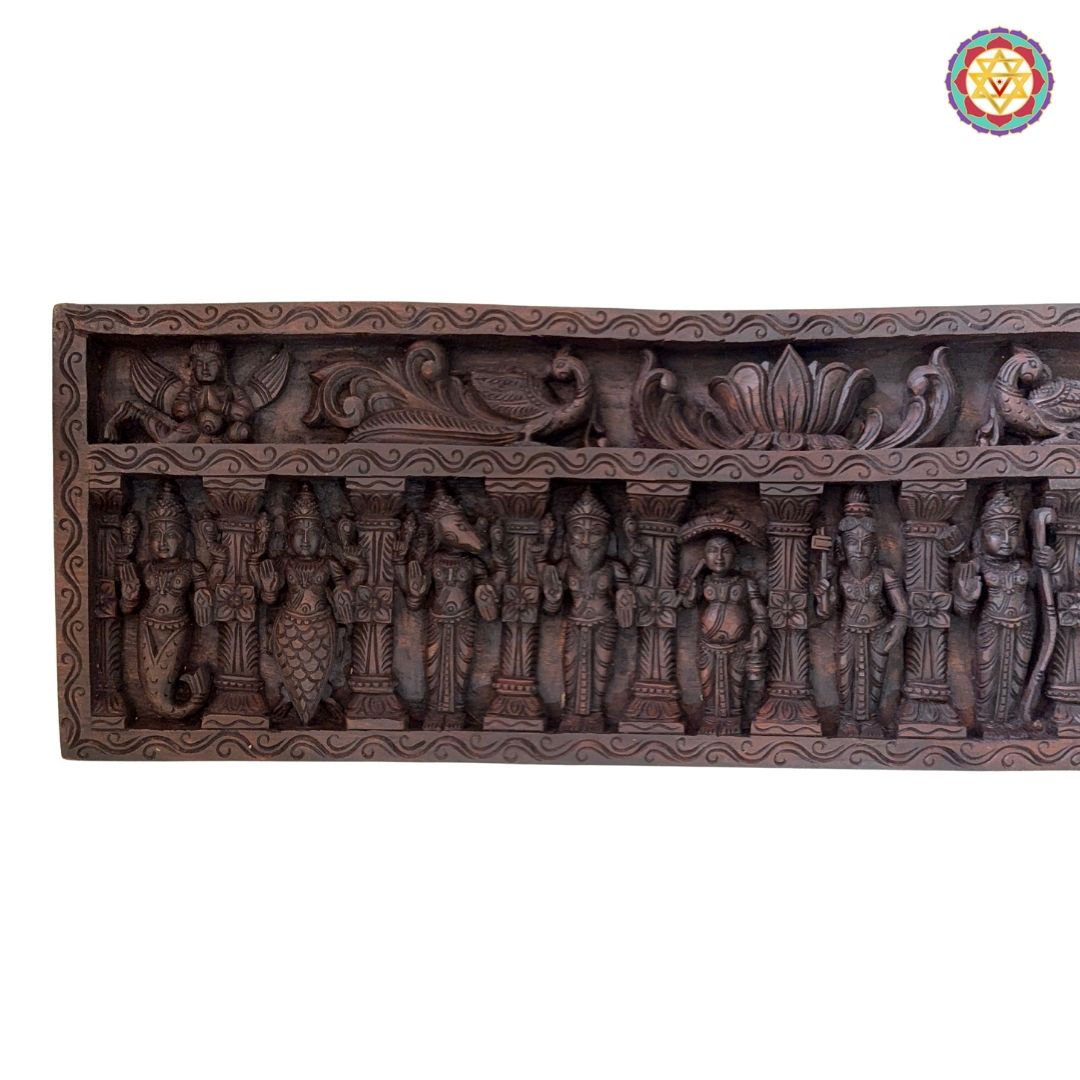 Side angle of handcarved Dasavtar panel showing layered carving work