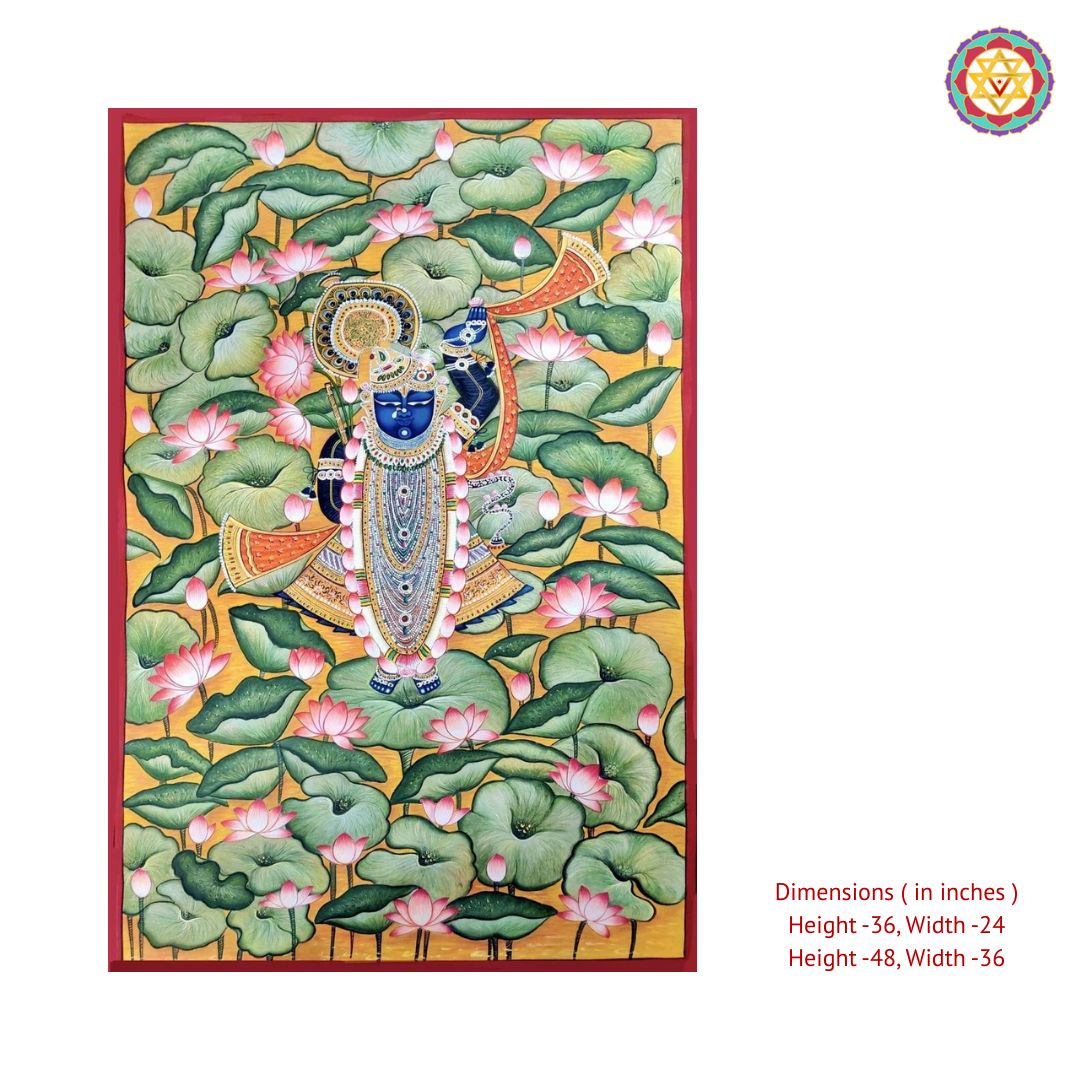 Handpainted Shrinathji artwork seated near lotus pond background