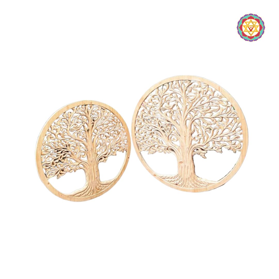 detailed view of hand carved leaves on wooden tree of life panel