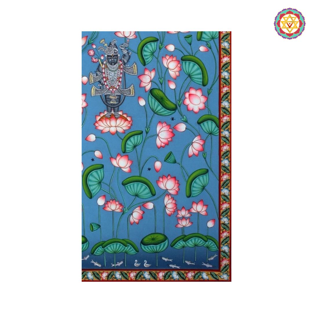 Motif detailing of Shrinathji blue lotus Pichwai art