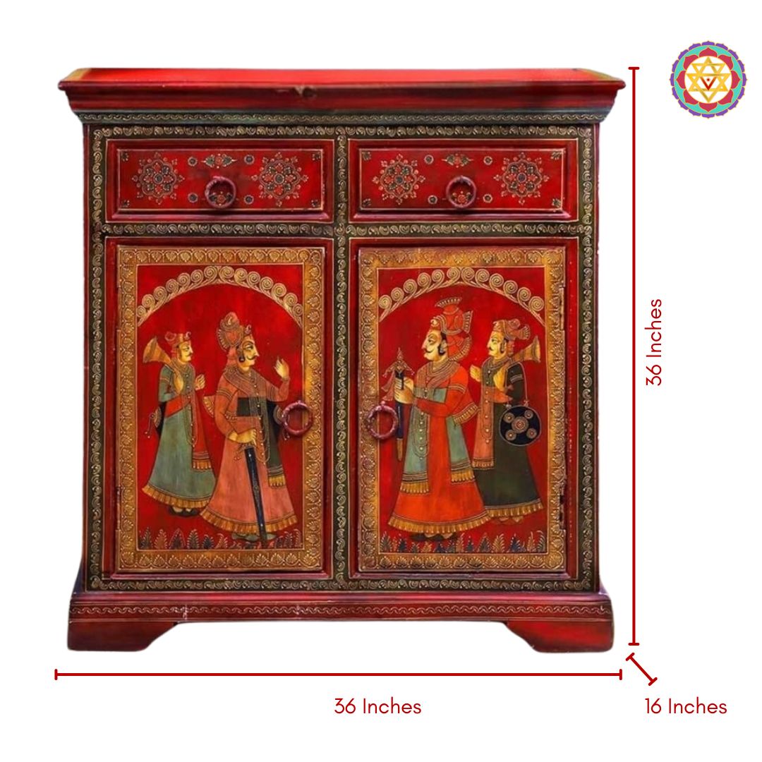 Wooden Handpainted Storage Cabinet – Side Cabinet with Royal King Paintings