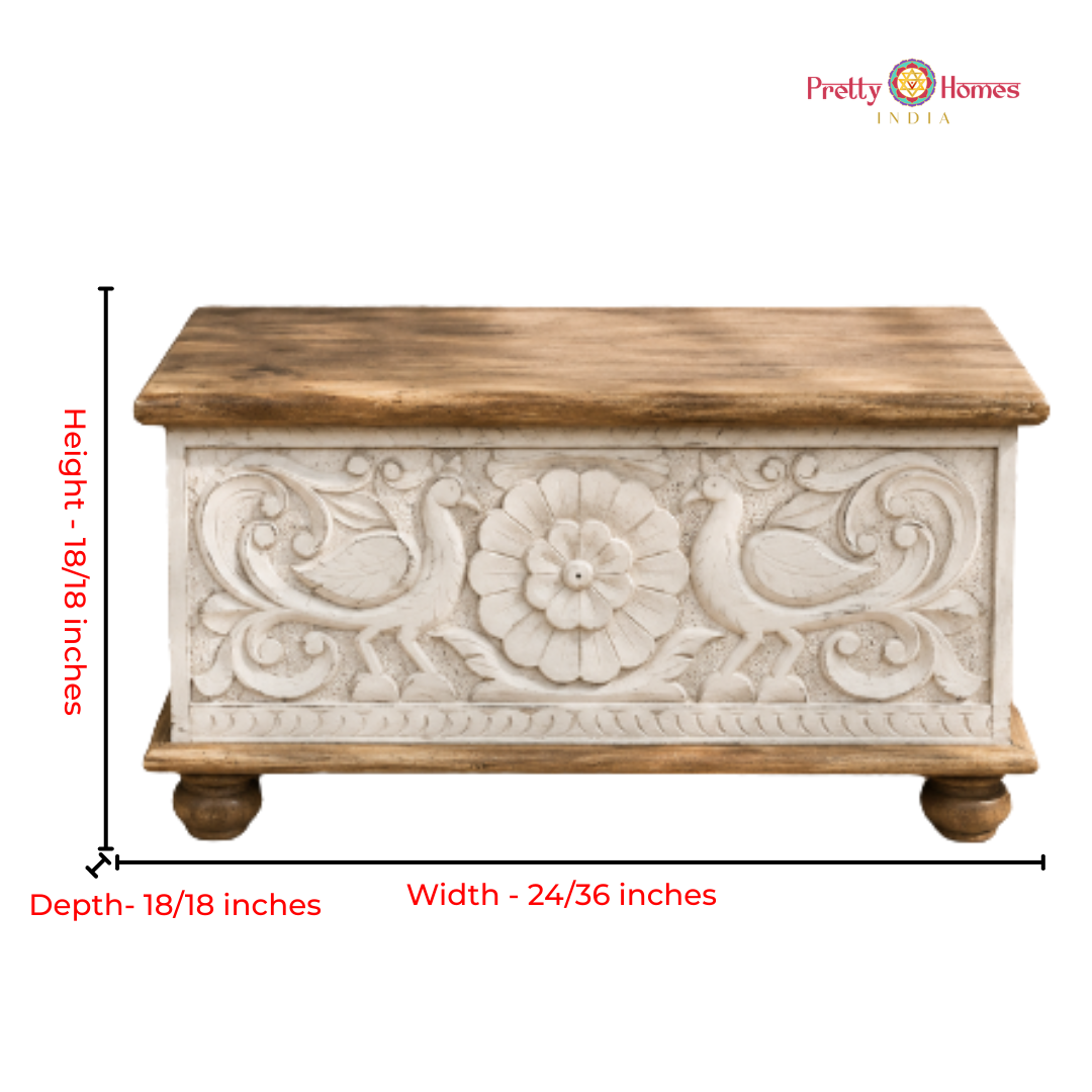 Woodcarved Trunk Coffee Table with Intricate Bird Carvings