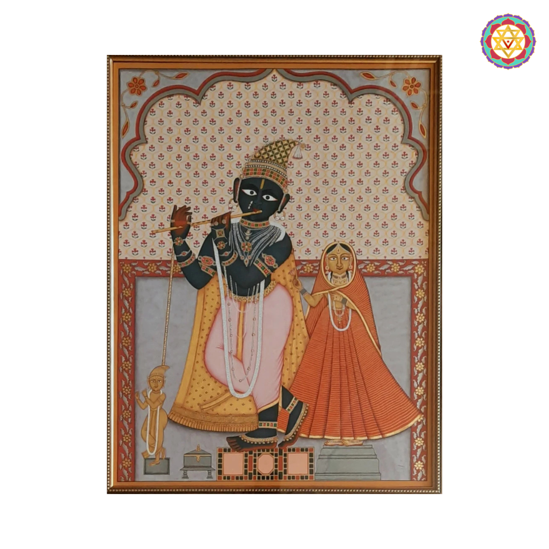 Handpainted border and motif details in Radha Govind artwork