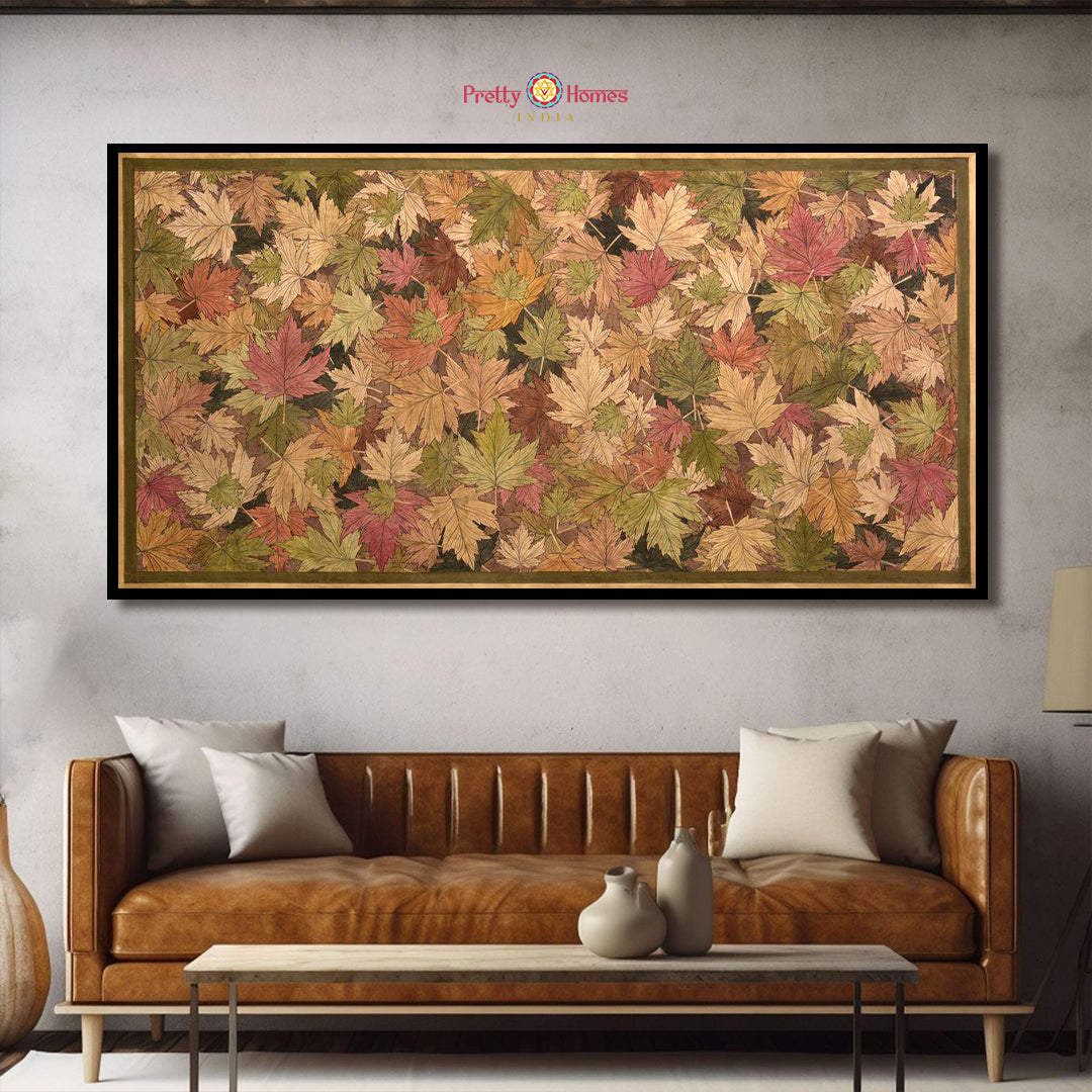 Vintage hand-painted pichwai with maple and autumn leaves, contemporary pichwai artwork.