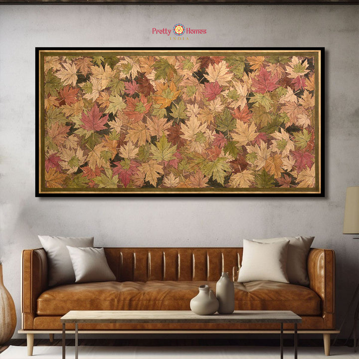 Vintage hand-painted pichwai with maple and autumn leaves, contemporary pichwai artwork.