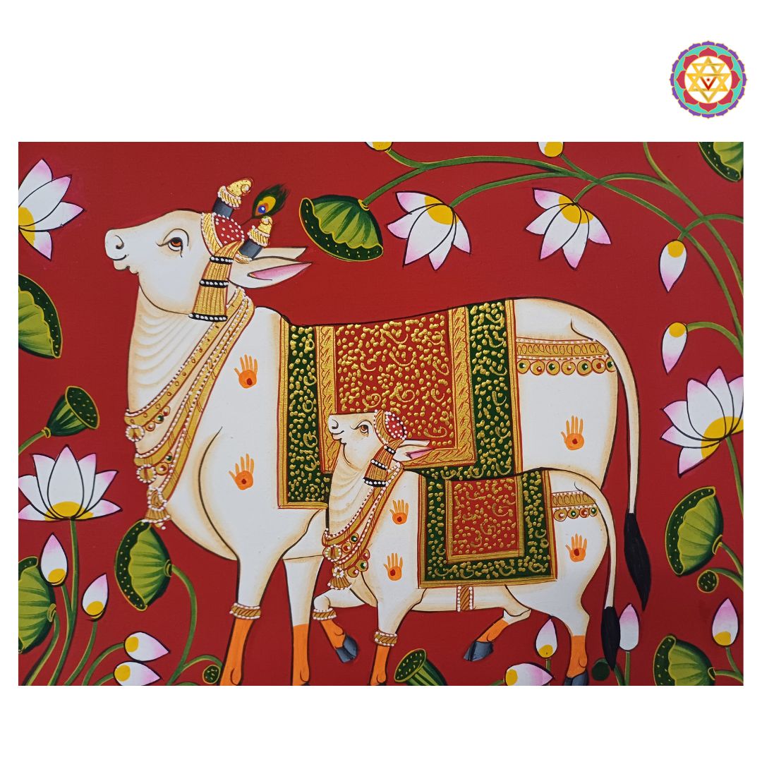 detailed brushwork of cows and lotus motifs in red pichwai painting