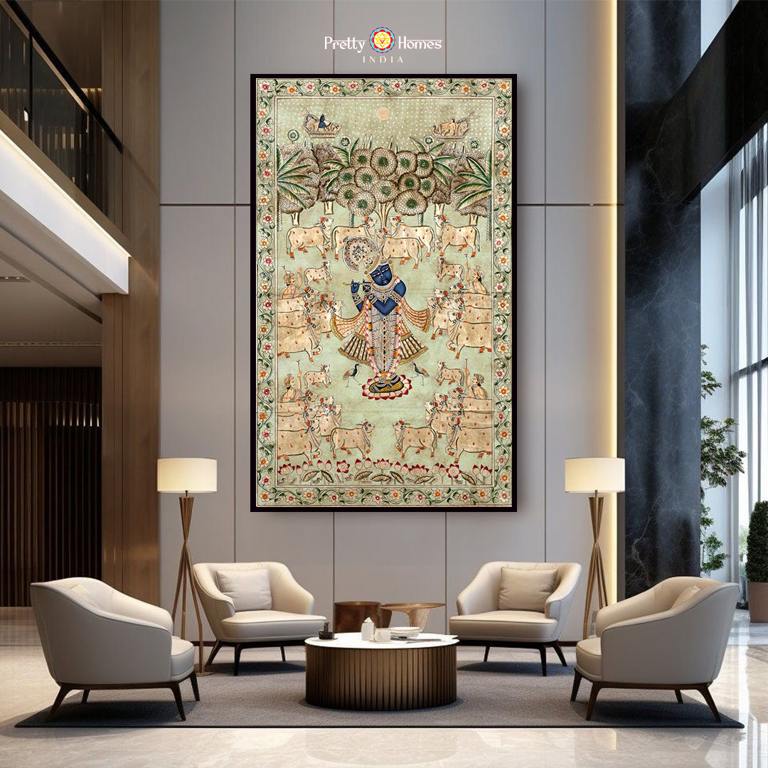 Vibrant lotus flower motif in Pichwai painting symbolizing purity and spiritual awakening