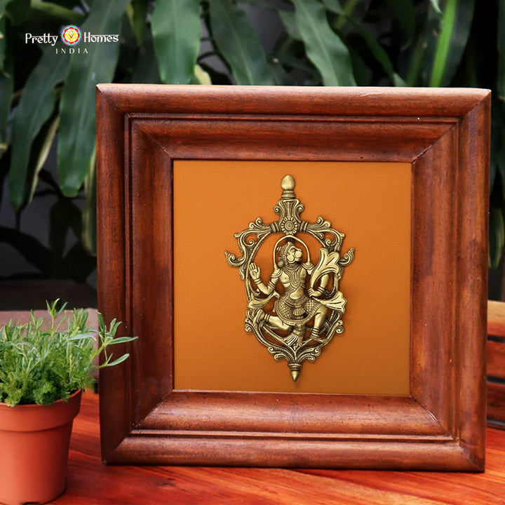 Brass Hanuman wall decor in wooden frame