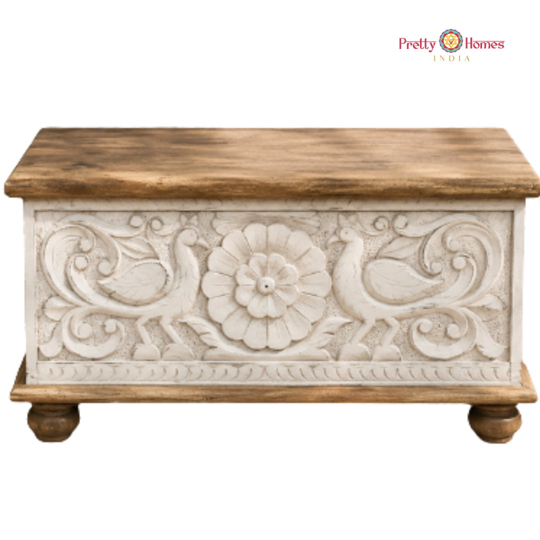 Woodcarved Trunk Coffee Table with Intricate Bird Carvings
