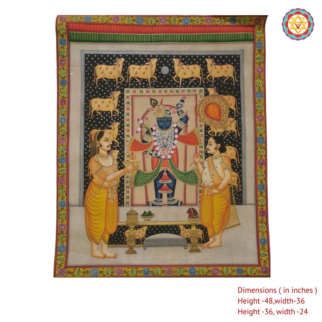 Close view of Shrinathji darshan pichwai showing ornate detailing