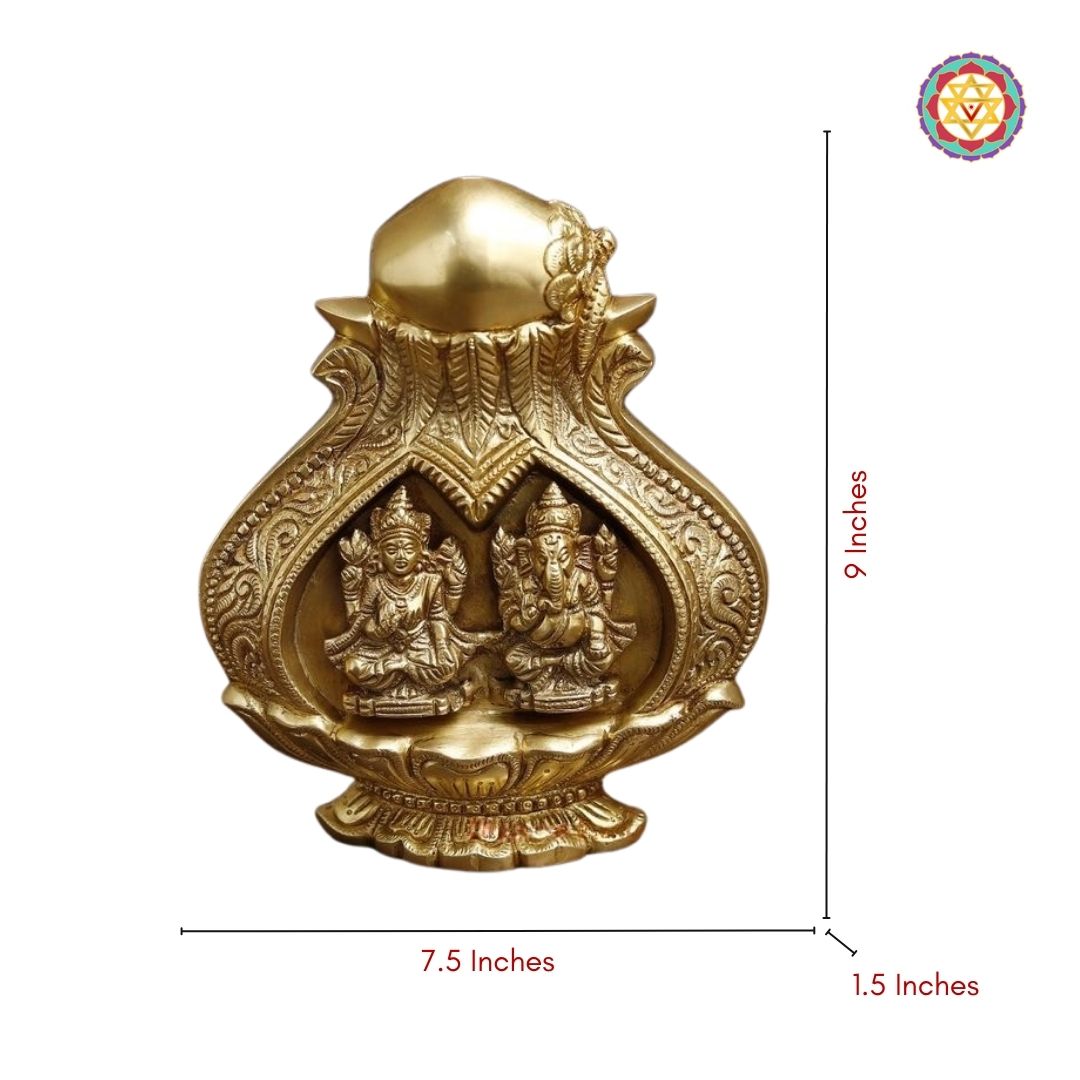 Brass Lakshmi Ganesh Engraved in Kalash – 9 Inch, Inviting Prosperity and Fortune with Fine Golden Finish