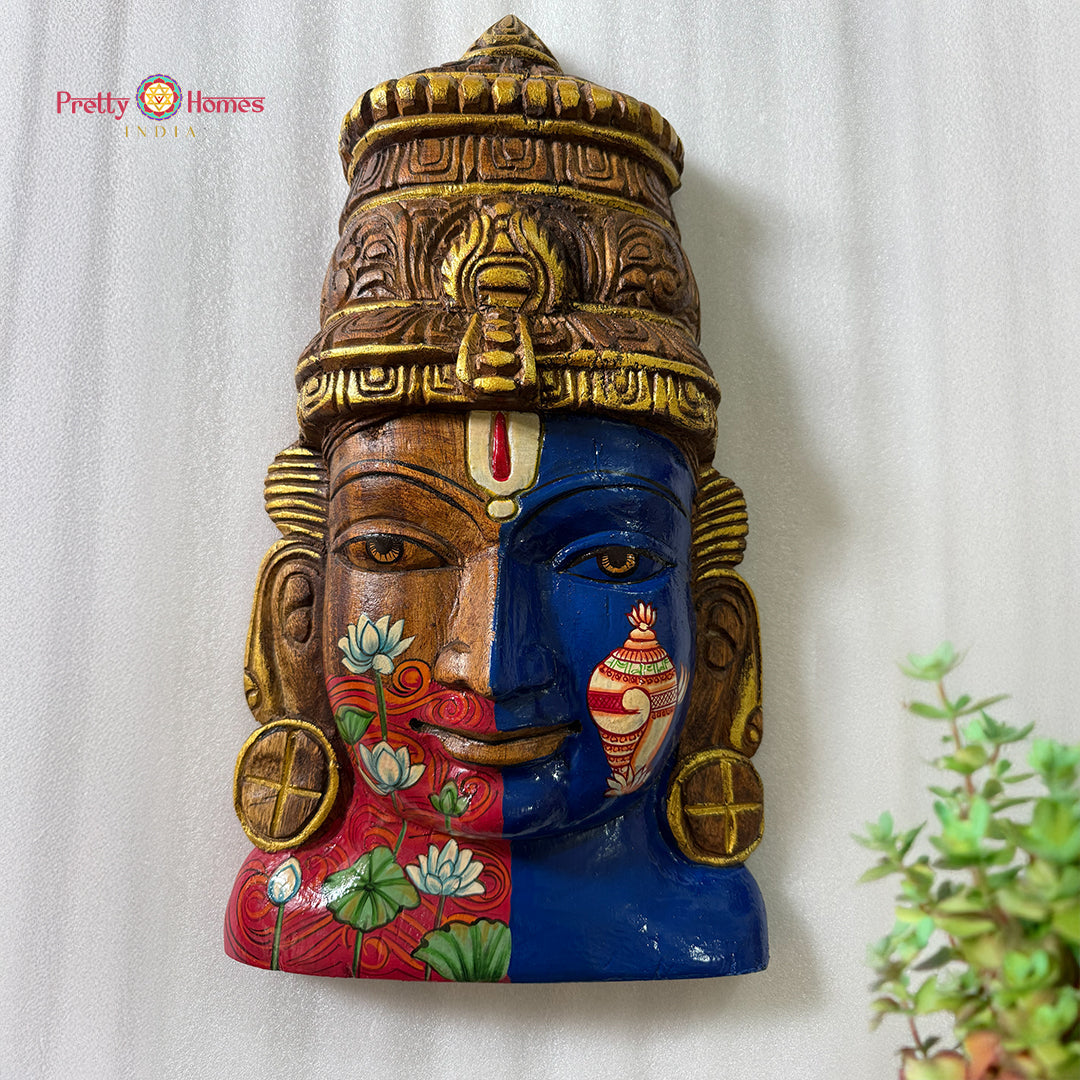 18 inch handcarved Vishnu mask with shankh and lotus handpainted detailing