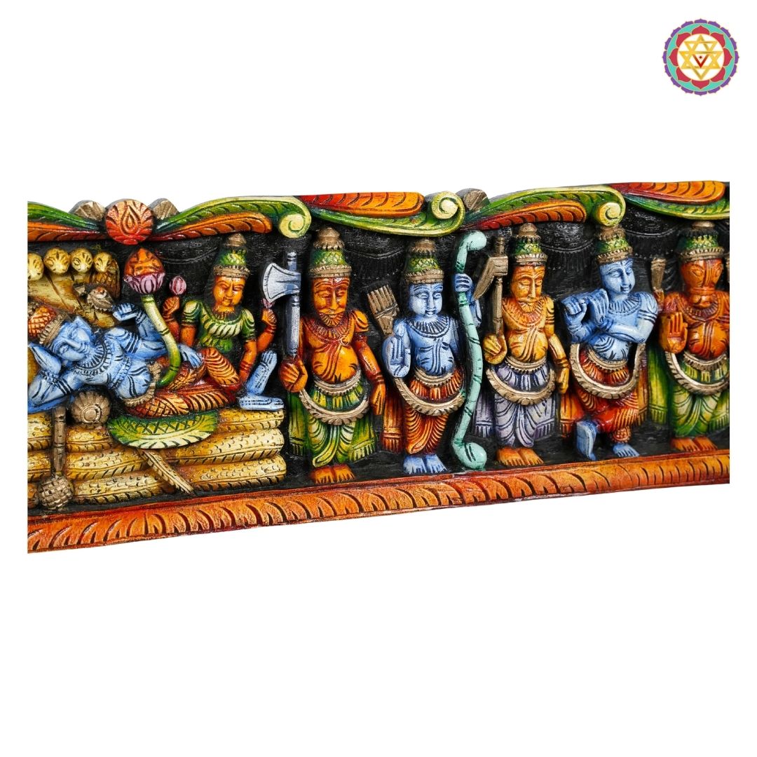 dasavatar wooden panel close up showing carved avatars and resting vishnu