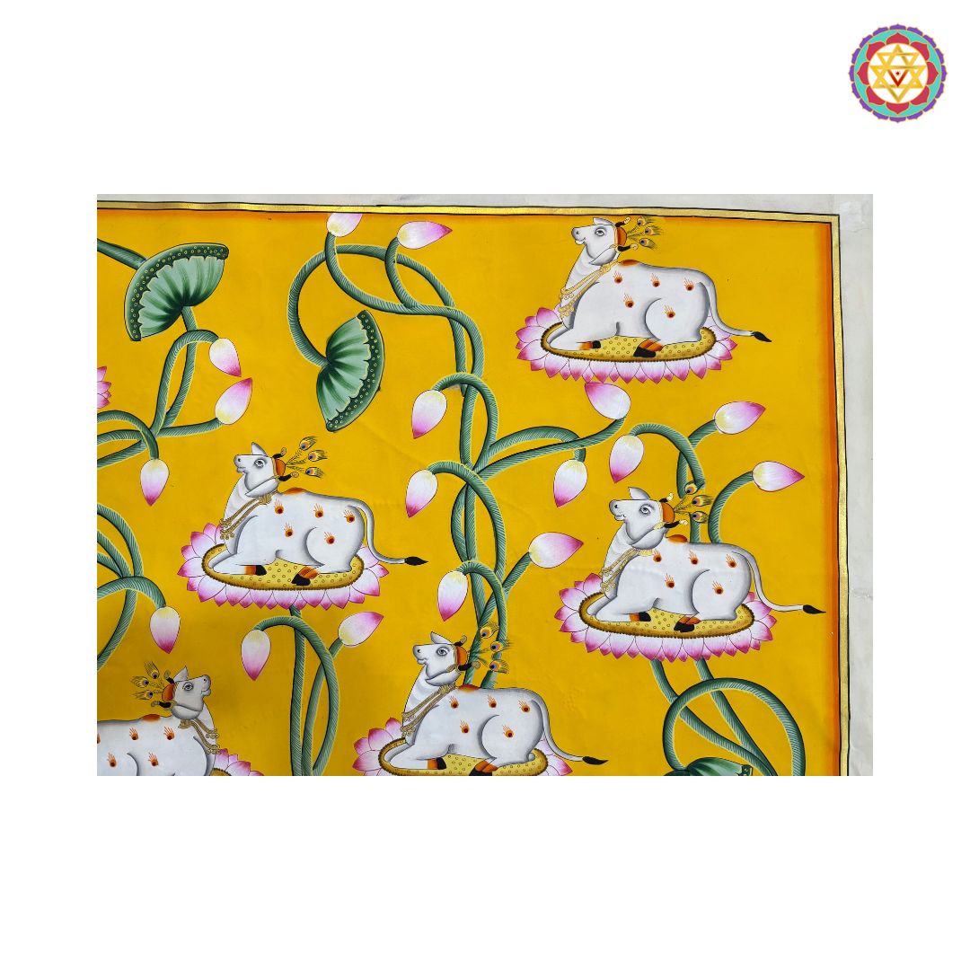 Handpainted Yellow Pichwai – Cows on Lotus Leaves