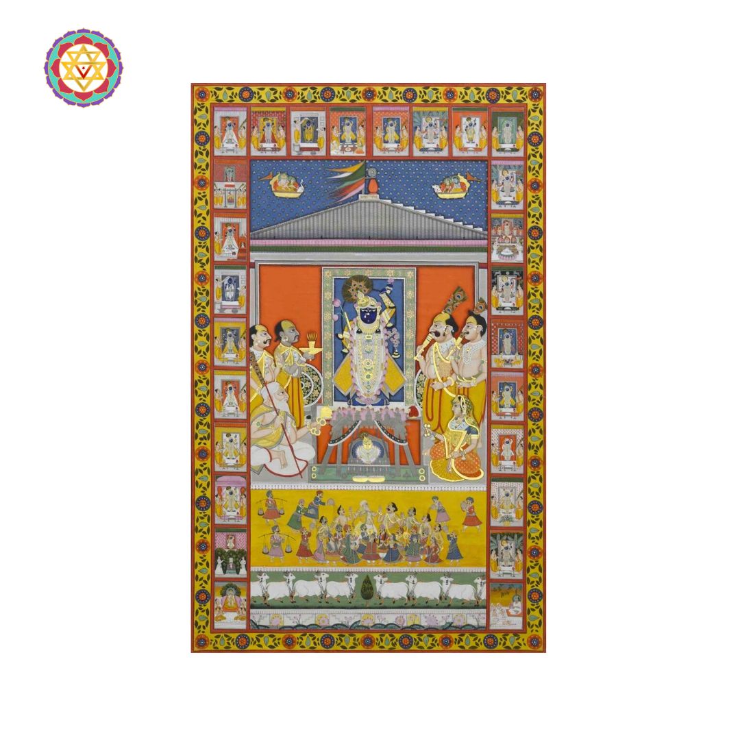 ram darbar pichwai painting with lotus and temple background