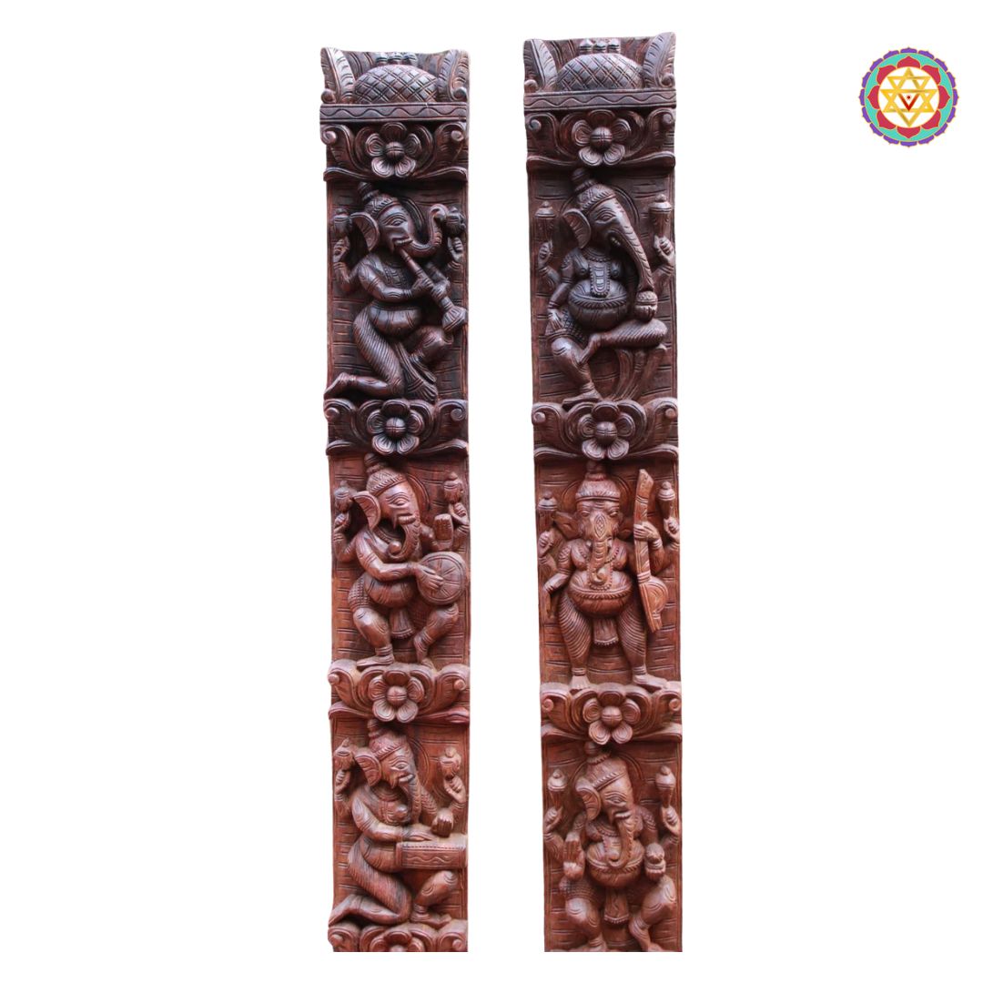 Pair of wooden carvings with intricate designs on a white background.Multicolour option mockup of Ganesha pair.