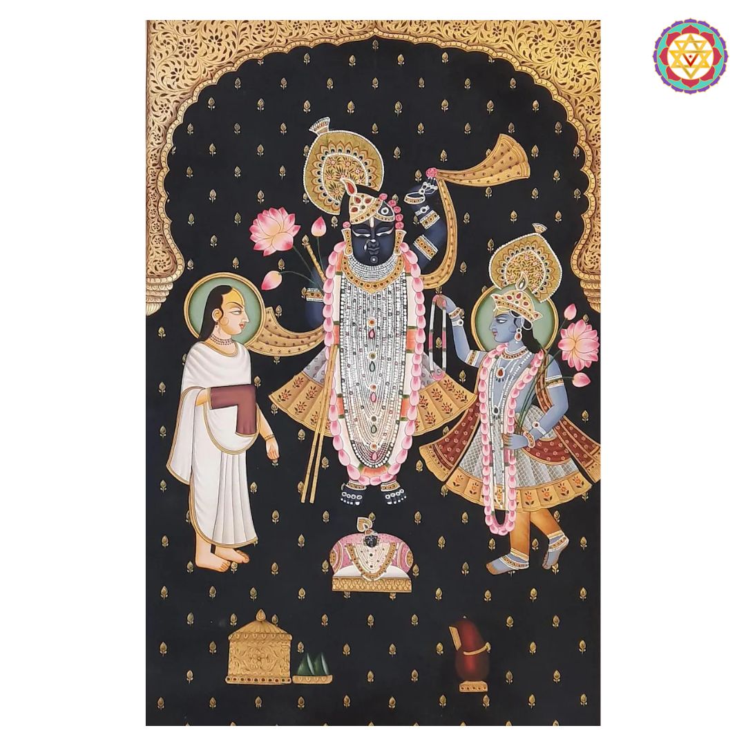 angled view of shrinathji jharokha pichwai with floral borders