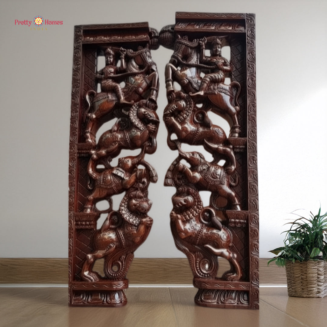 Four-foot horse warrior wall brackets with yali elephant super fine carvings