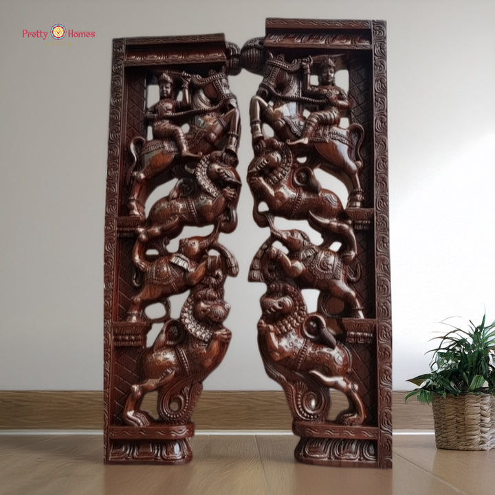 Four-foot horse warrior wall brackets with yali elephant super fine carvings