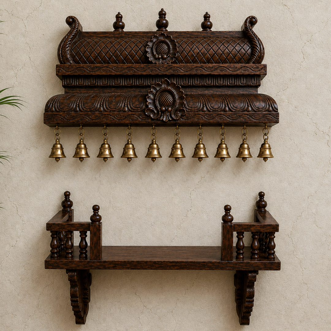 Woodcarved Chettinad-Style Temple Deep Gopuram with Bells & Shelf