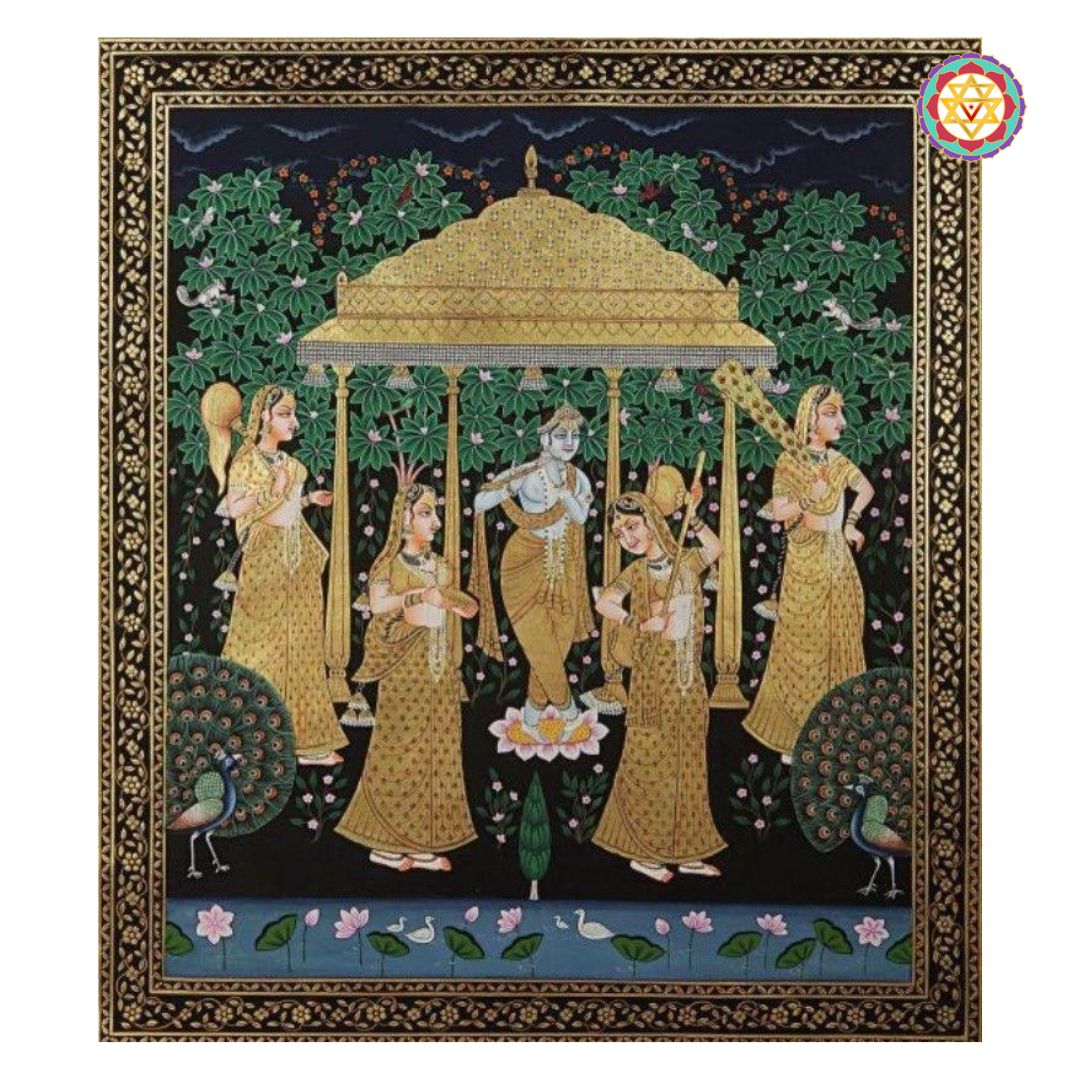 Close-up of Krishna with Gopikas and peacocks in traditional pichwai painting style.
